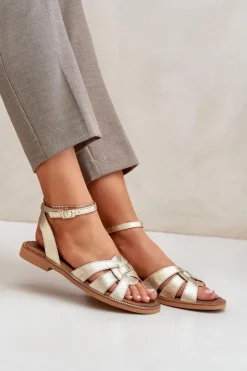 Damskie Boto Skórzane Sandały Damskie Na Płaskim Obcasie Zazoo 3688 Złote