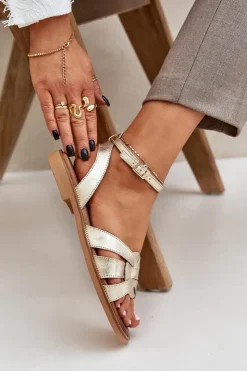 Damskie Boto Skórzane Sandały Damskie Na Płaskim Obcasie Zazoo 3688 Złote