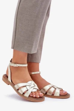 Damskie Boto Skórzane Sandały Damskie Na Płaskim Obcasie Zazoo 3688 Złote