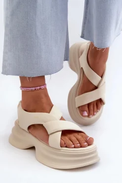 Online GOE Skórzane Sandały Damskie Na Masywnej Podeszwie Jasnobeżowe NN2N4105