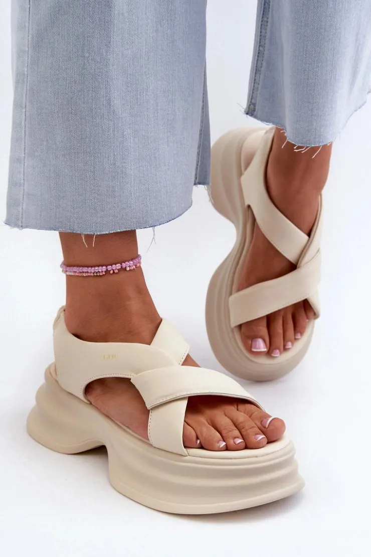 Online GOE Skórzane Sandały Damskie Na Masywnej Podeszwie Jasnobeżowe NN2N4105