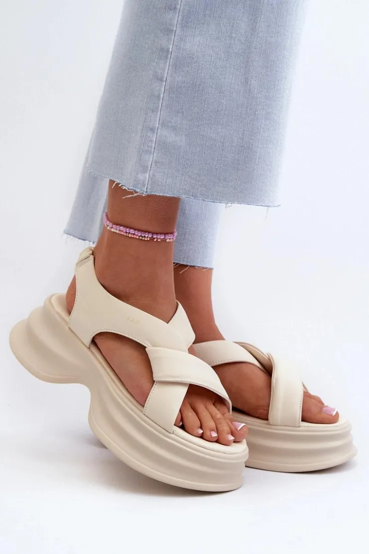 Online GOE Skórzane Sandały Damskie Na Masywnej Podeszwie Jasnobeżowe NN2N4105