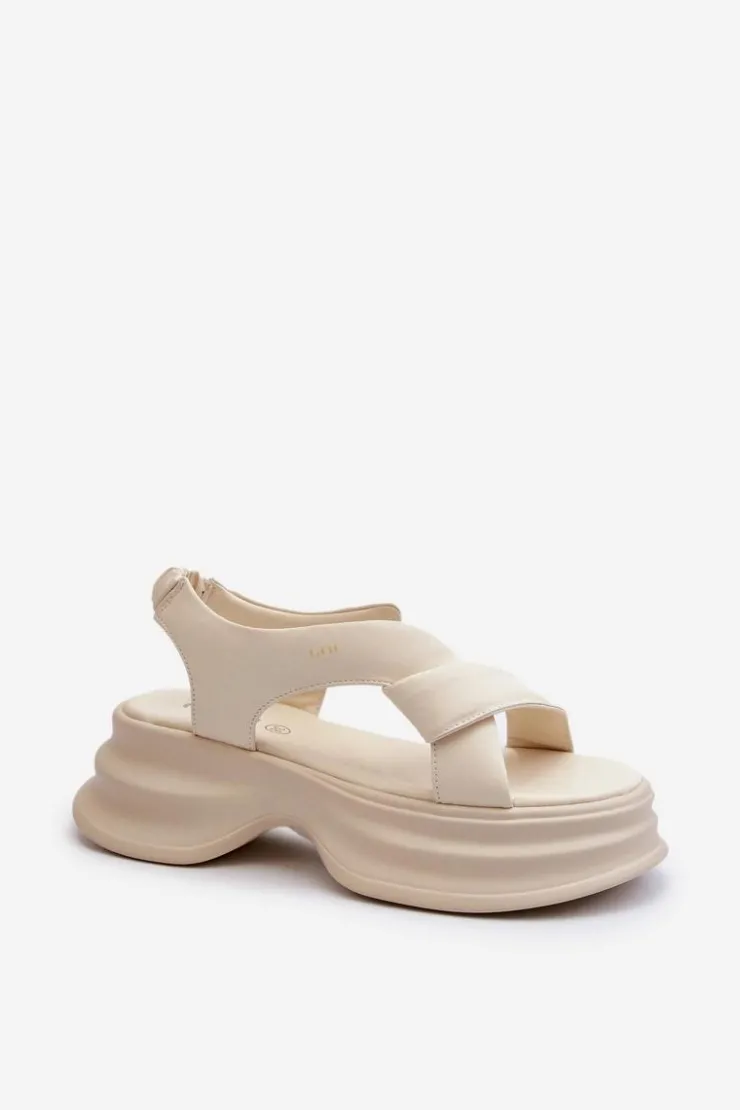 Online GOE Skórzane Sandały Damskie Na Masywnej Podeszwie Jasnobeżowe NN2N4105