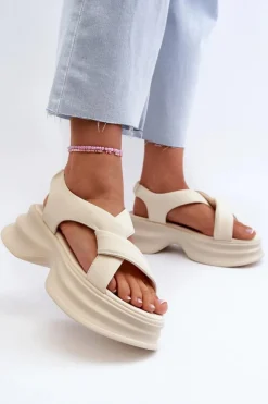 Online GOE Skórzane Sandały Damskie Na Masywnej Podeszwie Jasnobeżowe NN2N4105