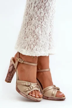 Maciejka Sandały Na Słupku|Sandały Na Obcasie*Skórzane Sandały Damskie Na Słupku 06564-22 Beżowo-Złote