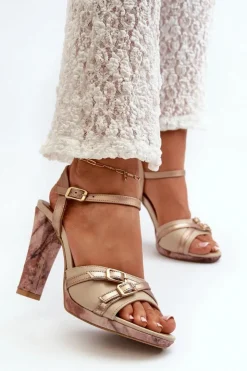 Maciejka Sandały Na Słupku|Sandały Na Obcasie*Skórzane Sandały Damskie Na Słupku 06564-22 Beżowo-Złote