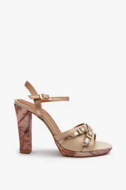 Maciejka Sandały Na Słupku|Sandały Na Obcasie*Skórzane Sandały Damskie Na Słupku 06564-22 Beżowo-Złote