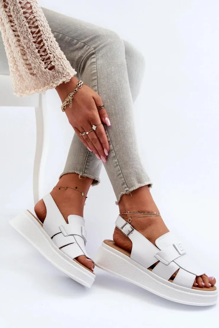 Evento Sandały Na Koturnie*Skórzane Sandały Damskie Na Platformie I Koturnie Białe Vivitellia