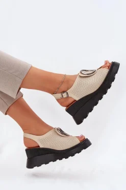 Damskie Boto Skórzane Sandały Damskie Na Koturnie Z Ozdobą Artiker 56C0111 Beżowe