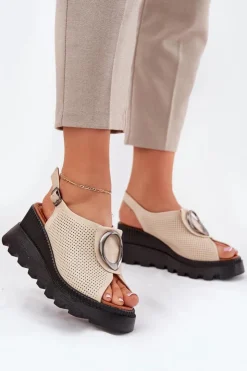 Damskie Boto Skórzane Sandały Damskie Na Koturnie Z Ozdobą Artiker 56C0111 Beżowe