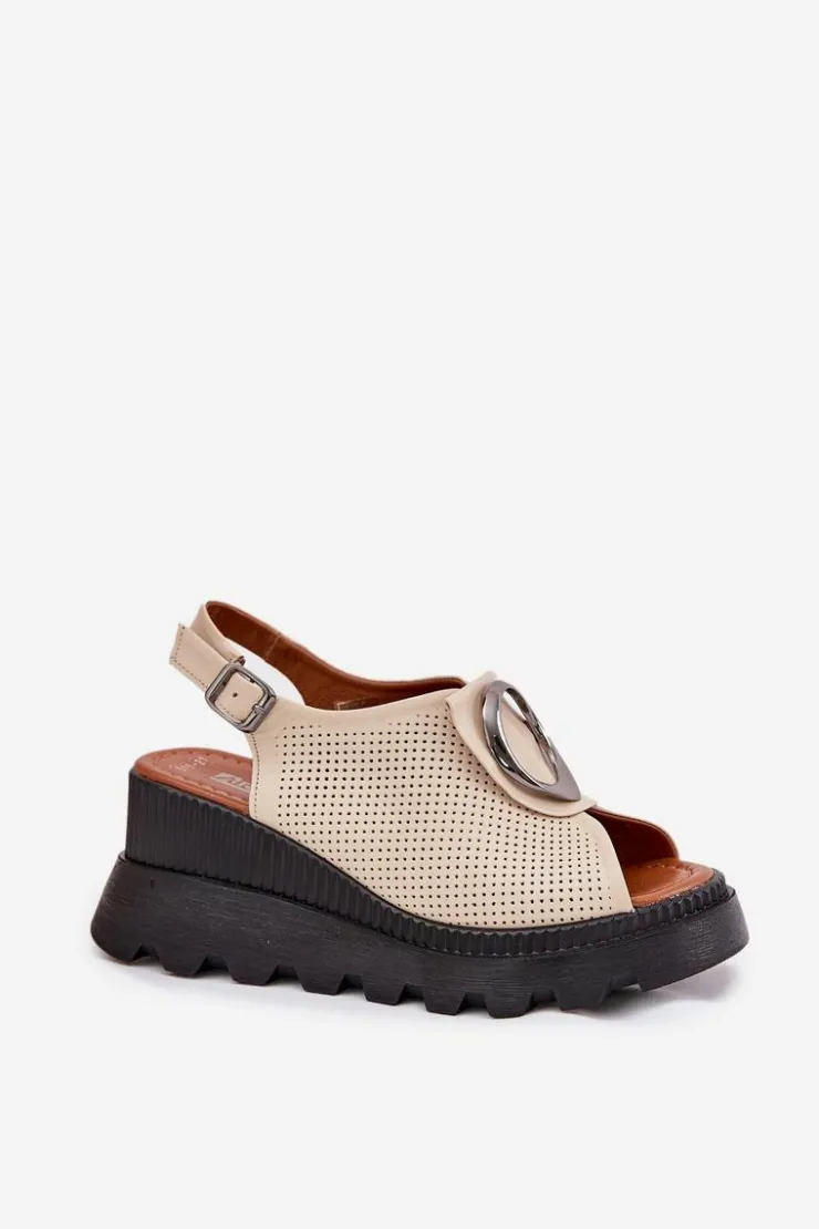 Damskie Boto Skórzane Sandały Damskie Na Koturnie Z Ozdobą Artiker 56C0111 Beżowe