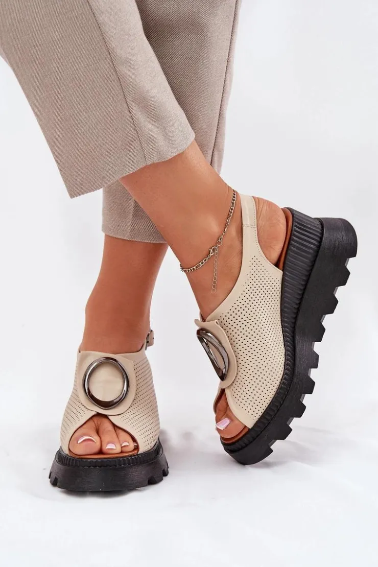 Damskie Boto Skórzane Sandały Damskie Na Koturnie Z Ozdobą Artiker 56C0111 Beżowe