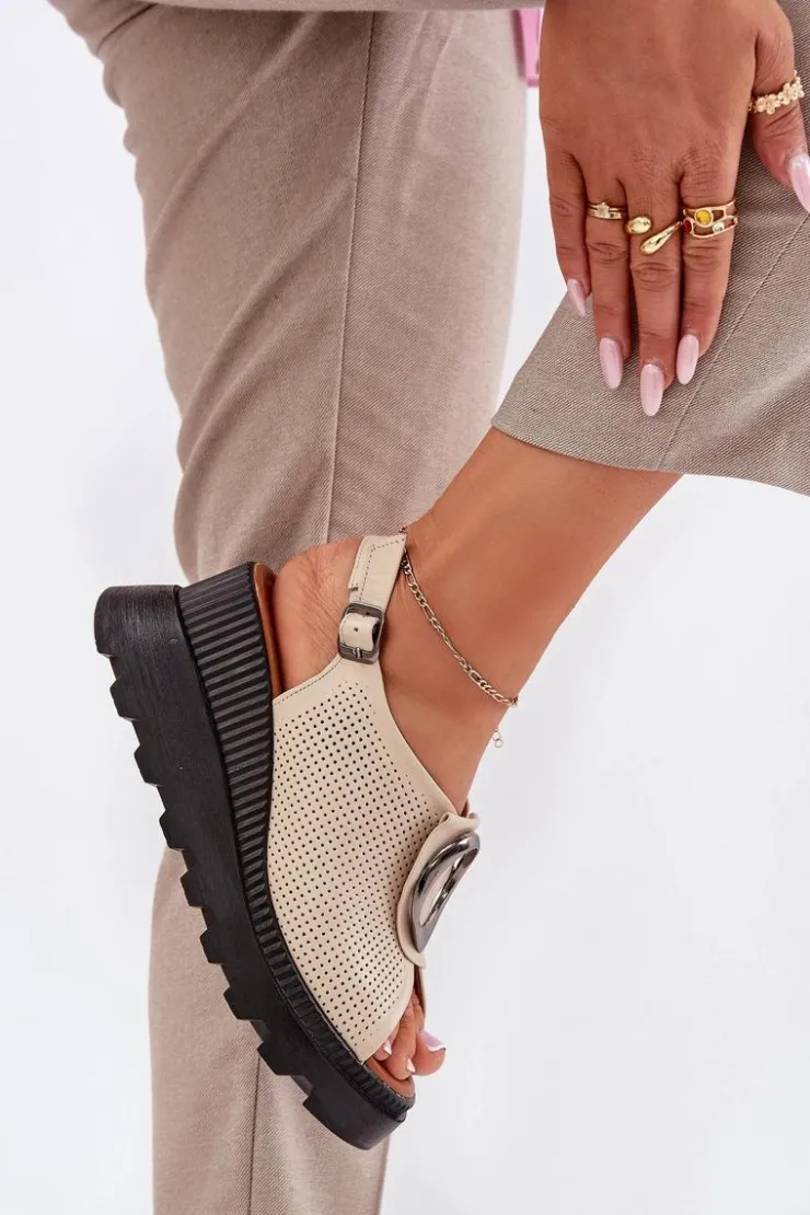 Damskie Boto Skórzane Sandały Damskie Na Koturnie Z Ozdobą Artiker 56C0111 Beżowe