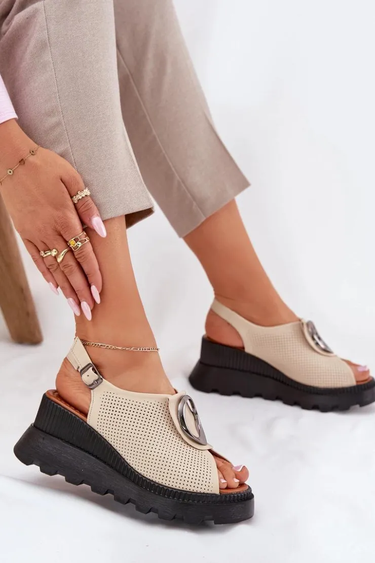 Damskie Boto Skórzane Sandały Damskie Na Koturnie Z Ozdobą Artiker 56C0111 Beżowe