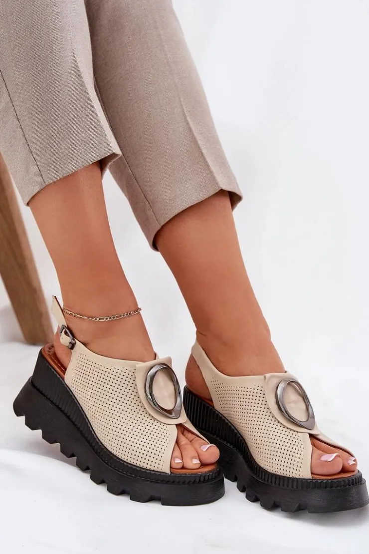 Damskie Boto Skórzane Sandały Damskie Na Koturnie Z Ozdobą Artiker 56C0111 Beżowe