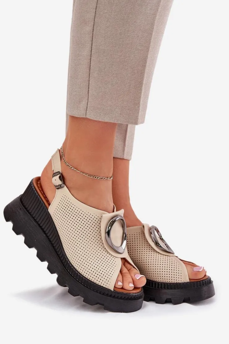 Damskie Boto Skórzane Sandały Damskie Na Koturnie Z Ozdobą Artiker 56C0111 Beżowe