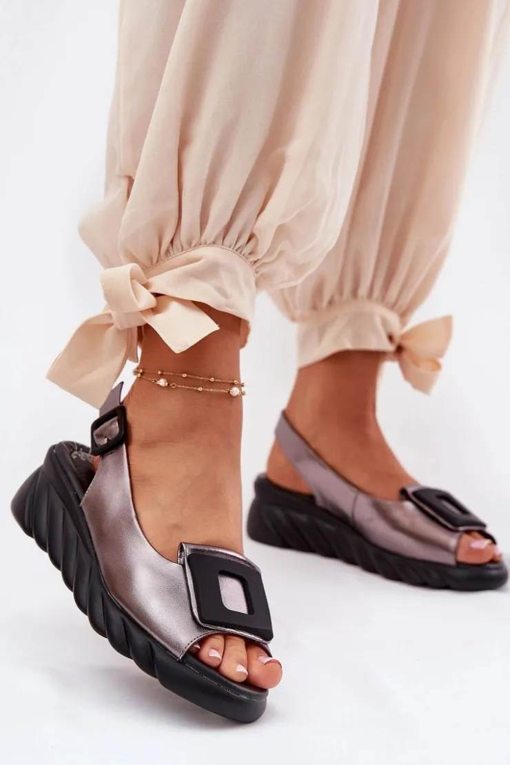 Hot Artiker Skórzane Sandały Damskie Na Koturnie z Ozdobą 56C2158 Grafitowe Srebrny