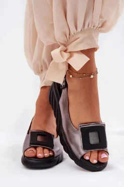 Hot Artiker Skórzane Sandały Damskie Na Koturnie z Ozdobą 56C2158 Grafitowe Srebrny