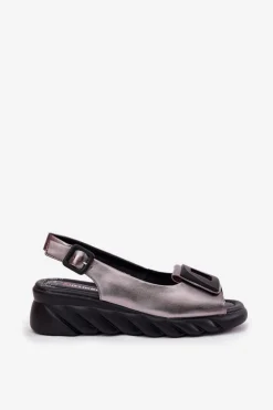 Hot Artiker Skórzane Sandały Damskie Na Koturnie z Ozdobą 56C2158 Grafitowe Srebrny