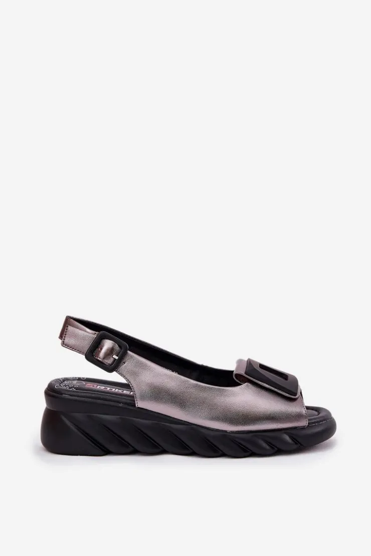 Hot Artiker Skórzane Sandały Damskie Na Koturnie z Ozdobą 56C2158 Grafitowe Srebrny