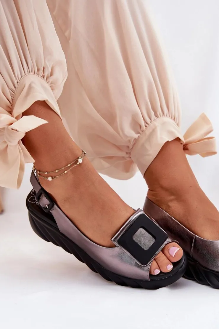 Hot Artiker Skórzane Sandały Damskie Na Koturnie z Ozdobą 56C2158 Grafitowe Srebrny