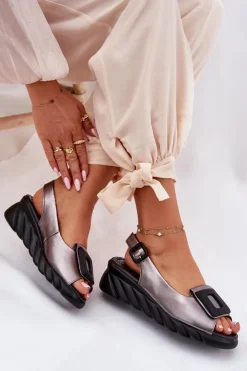 Hot Artiker Skórzane Sandały Damskie Na Koturnie z Ozdobą 56C2158 Grafitowe Srebrny