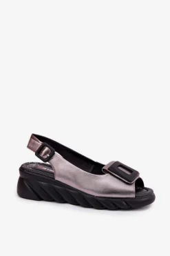 Hot Artiker Skórzane Sandały Damskie Na Koturnie z Ozdobą 56C2158 Grafitowe Srebrny