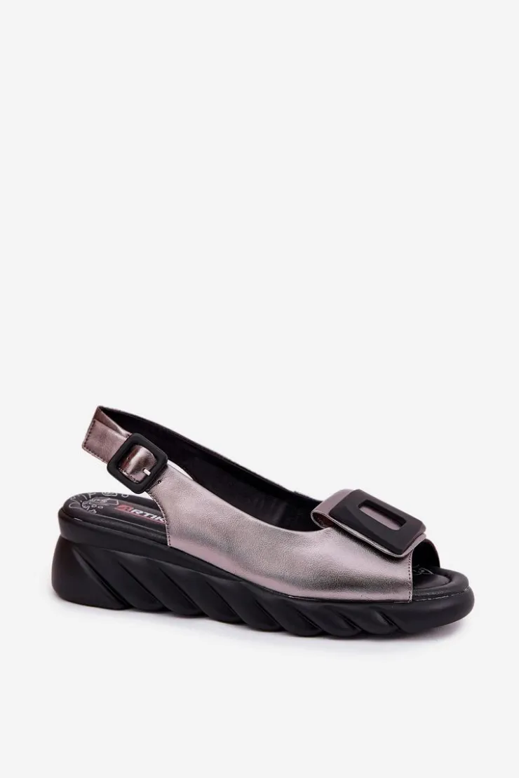 Hot Artiker Skórzane Sandały Damskie Na Koturnie z Ozdobą 56C2158 Grafitowe Srebrny