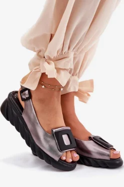 Hot Artiker Skórzane Sandały Damskie Na Koturnie z Ozdobą 56C2158 Grafitowe Srebrny