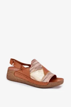 Damskie Maciejka Skórzane Sandały Damskie Na Koturnie Z Plecionką L7067-29 Brązowe