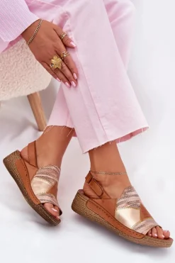 Damskie Maciejka Skórzane Sandały Damskie Na Koturnie Z Plecionką L7067-29 Brązowe