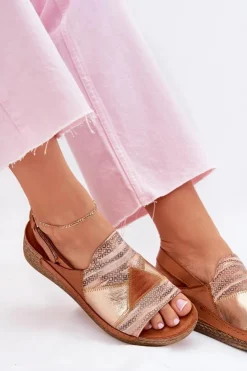 Damskie Maciejka Skórzane Sandały Damskie Na Koturnie Z Plecionką L7067-29 Brązowe