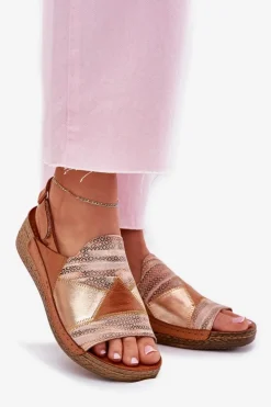 Damskie Maciejka Skórzane Sandały Damskie Na Koturnie Z Plecionką L7067-29 Brązowe