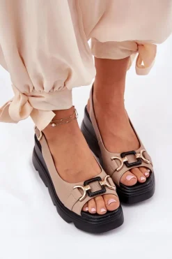 Damskie Artiker Skórzane Sandały Damskie Na Koturnie I Platformie Z Ozdobą 56C2209 Beżowe