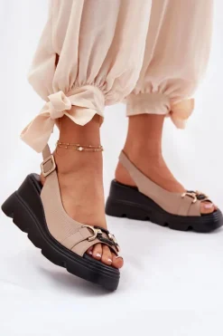 Damskie Artiker Skórzane Sandały Damskie Na Koturnie I Platformie Z Ozdobą 56C2209 Beżowe