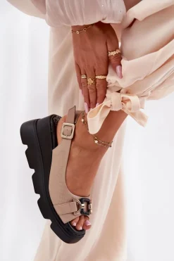 Damskie Artiker Skórzane Sandały Damskie Na Koturnie I Platformie Z Ozdobą 56C2209 Beżowe