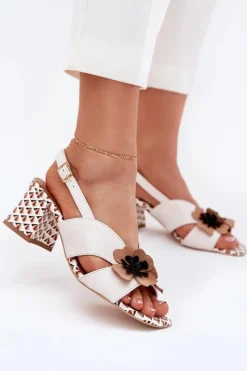 Online Laura Messi Skórzane Sandały Damskie Na Słupku Z Kwiatami 2950 Białe Biały