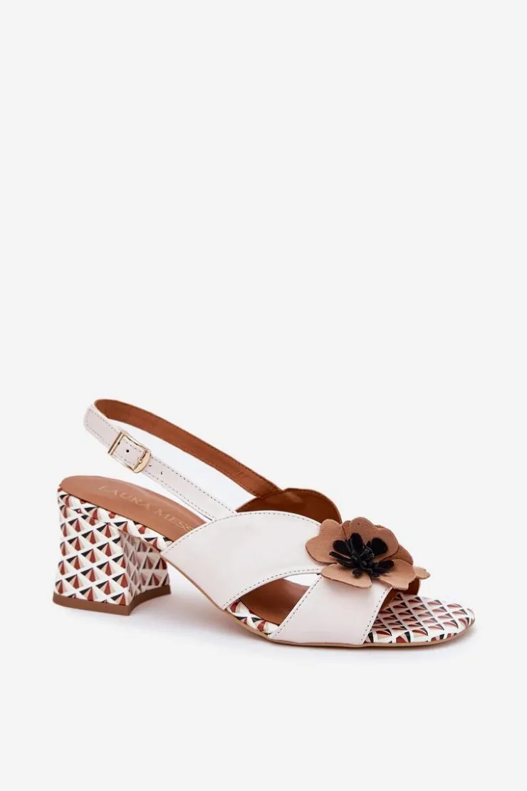 Online Laura Messi Skórzane Sandały Damskie Na Słupku Z Kwiatami 2950 Białe Biały