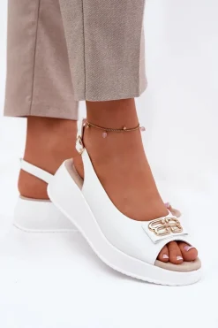 Damskie buty S.Barski Skórzane Sandały Damskie Na Koturnie Z Ozdobnym Detalem S.Barski LR51-593 Białe