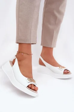 Damskie buty S.Barski Skórzane Sandały Damskie Na Koturnie Z Ozdobnym Detalem S.Barski LR51-593 Białe