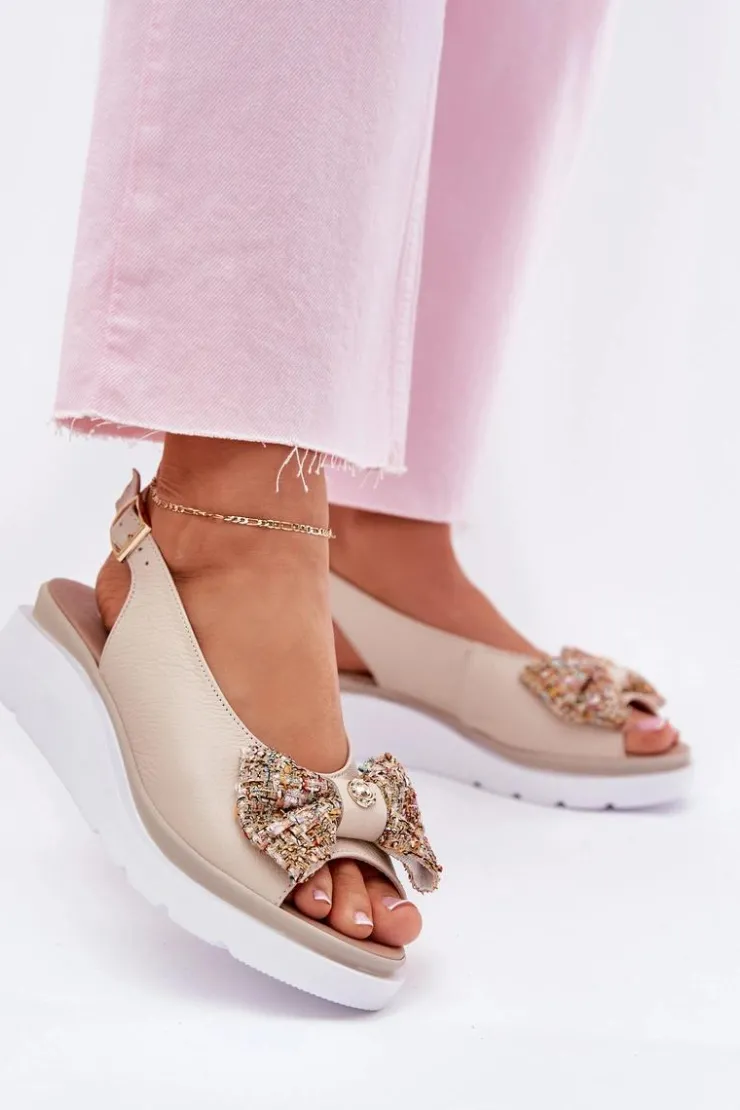 Zazoo Sandały Na Koturnie*Skórzane Sandały Damskie Na Koturnie Z Kokardą 1882 Beżowe Beżowy