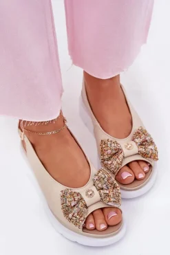 Zazoo Sandały Na Koturnie*Skórzane Sandały Damskie Na Koturnie Z Kokardą 1882 Beżowe Beżowy