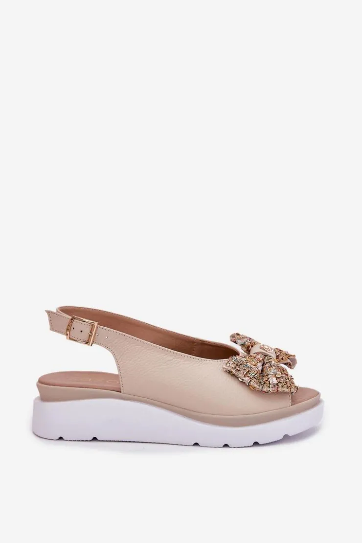 Zazoo Sandały Na Koturnie*Skórzane Sandały Damskie Na Koturnie Z Kokardą 1882 Beżowe Beżowy