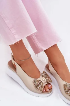 Zazoo Sandały Na Koturnie*Skórzane Sandały Damskie Na Koturnie Z Kokardą 1882 Beżowe Beżowy