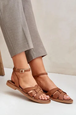 New Boto Skórzane Sandały Damskie Na Płaskim Obcasie Zazoo 3688 Camel