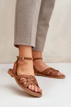 New Boto Skórzane Sandały Damskie Na Płaskim Obcasie Zazoo 3688 Camel