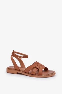 New Boto Skórzane Sandały Damskie Na Płaskim Obcasie Zazoo 3688 Camel