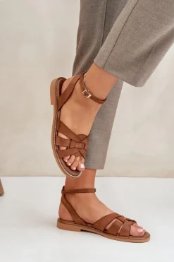 New Boto Skórzane Sandały Damskie Na Płaskim Obcasie Zazoo 3688 Camel