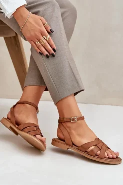 New Boto Skórzane Sandały Damskie Na Płaskim Obcasie Zazoo 3688 Camel