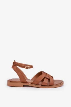 New Boto Skórzane Sandały Damskie Na Płaskim Obcasie Zazoo 3688 Camel